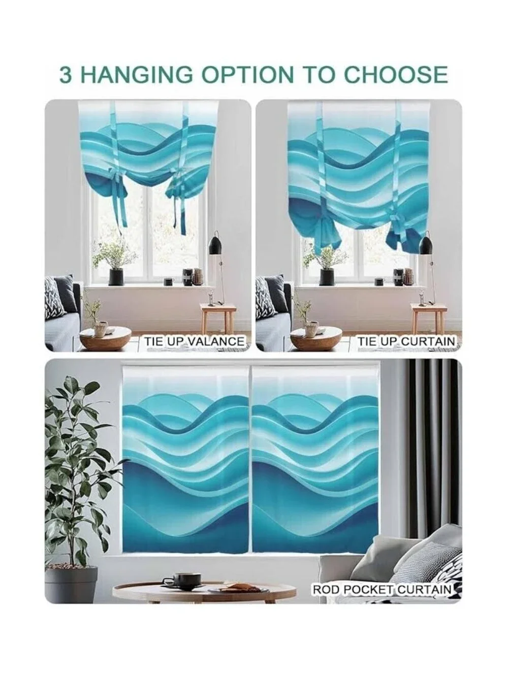 Tie Up Curtain With Ocean Wave Stripes, Teal and White, Rod Pocket *NEW*